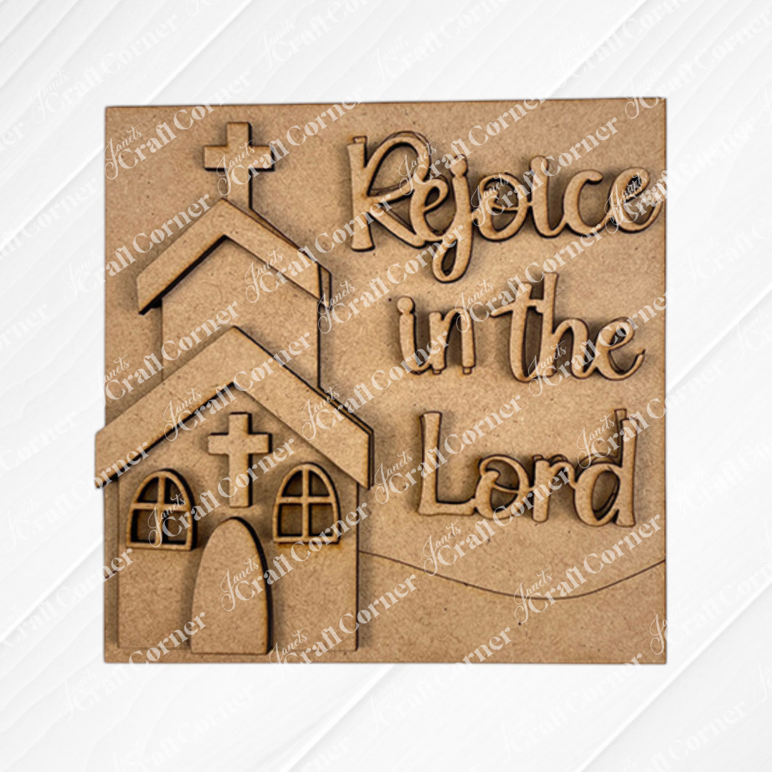 Janet's Craft Corner Religious Easter Squares: Laser-cut wooden plaque with a church, crosses, and "Rejoice in the Lord" script—ideal for tiered tray decor or combining with your favorite wood cut-outs.