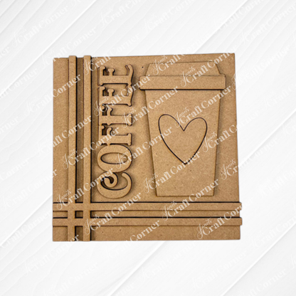 Janet's Craft Corner Coffee Swappable Squares DIY kit: A square coaster with "COFFEE" cut out vertically, an engraved cup with heart, and a textured white background—ideal for coffee lovers or creative home decor projects.