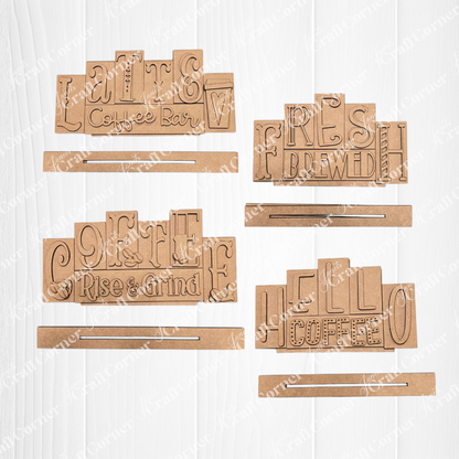 Coffee mini word block wood cut-out DIY craft kits by Janet's Craft Corner. 4 signs shown including Latte Coffee Bar, Fresh Brewed, Coffee Rise & Grind, and Hello Coffee..