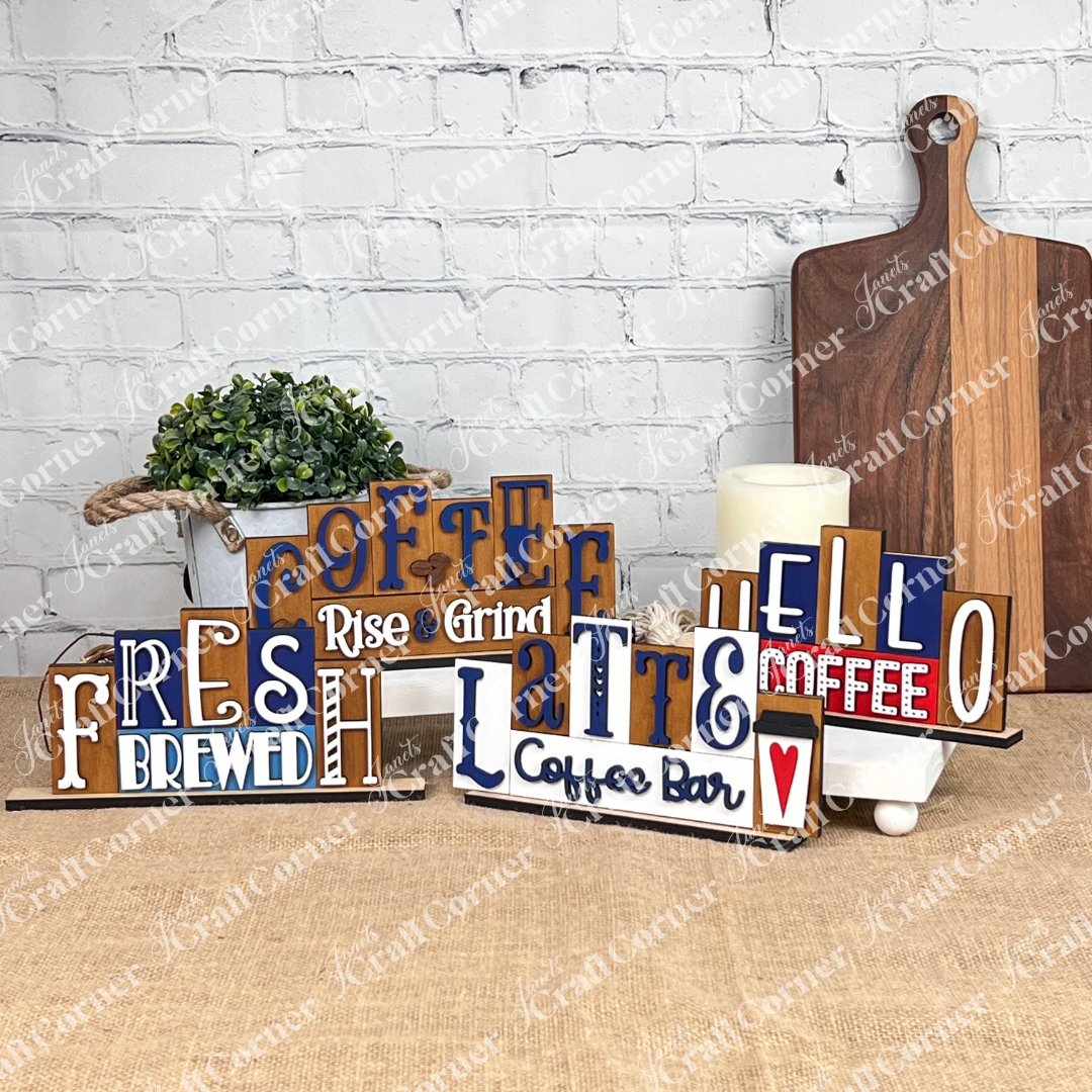 ainted samples of the coffee mini word block wood cut-out DIY craft kits by Janet's Craft Corner. 4 signs shown including Latte Coffee Bar, Fresh Brewed, Coffee Rise & Grind, and Hello Coffee..