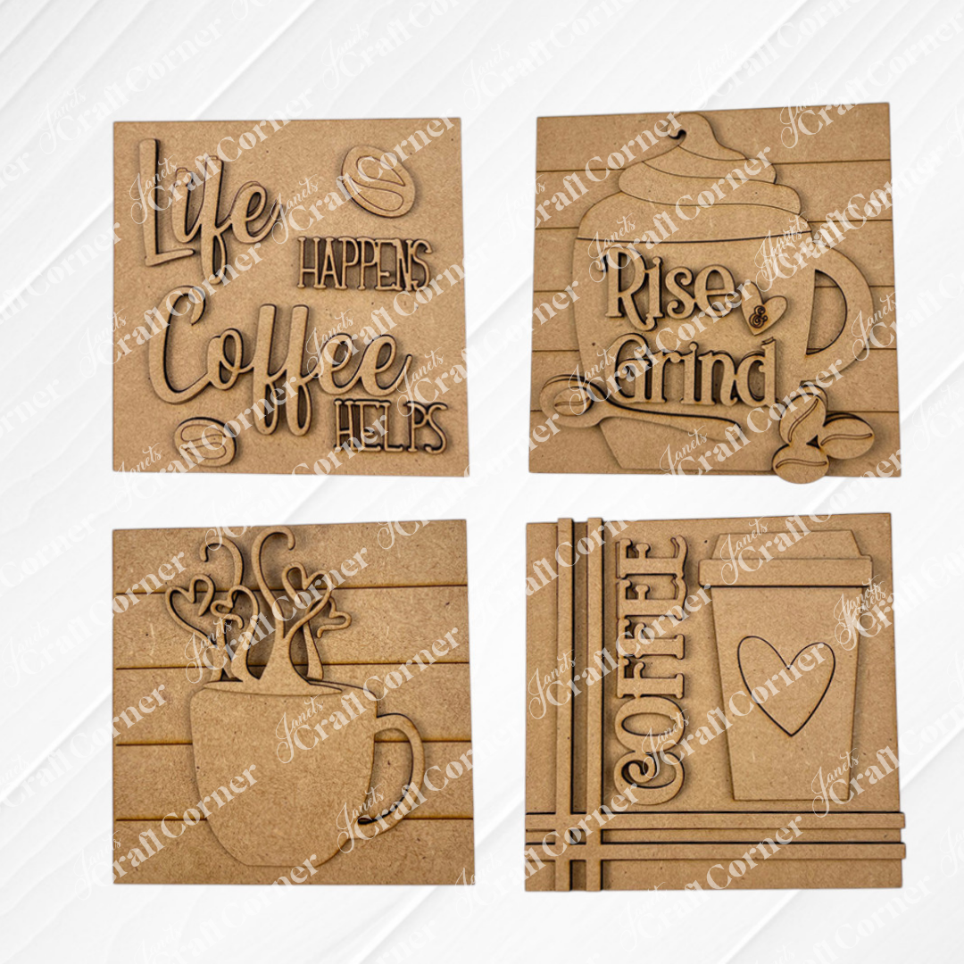 Set of four "Coffee Swappable Squares" by Janet's Craft Corner—square wooden plaques with coffee-themed designs like "Life Happens Coffee Helps." Ideal for DIY home decor or adding charm to small spaces. Displayed on a white background.