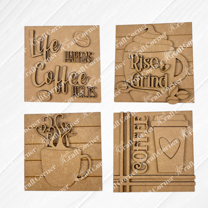 Set of four "Coffee Swappable Squares" by Janet's Craft Corner—square wooden plaques with coffee-themed designs like "Life Happens Coffee Helps." Ideal for DIY home decor or adding charm to small spaces. Displayed on a white background.