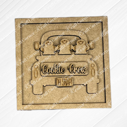 Gingerbread Squares by Janet's Craft Corner: Wooden cutout of a car with three dogs in the back seat, "Cookie Crew" on the trunk, and "OH SNAP!" on the plate. Great for DIY seasonal decor or use with Swappable Square Displays.