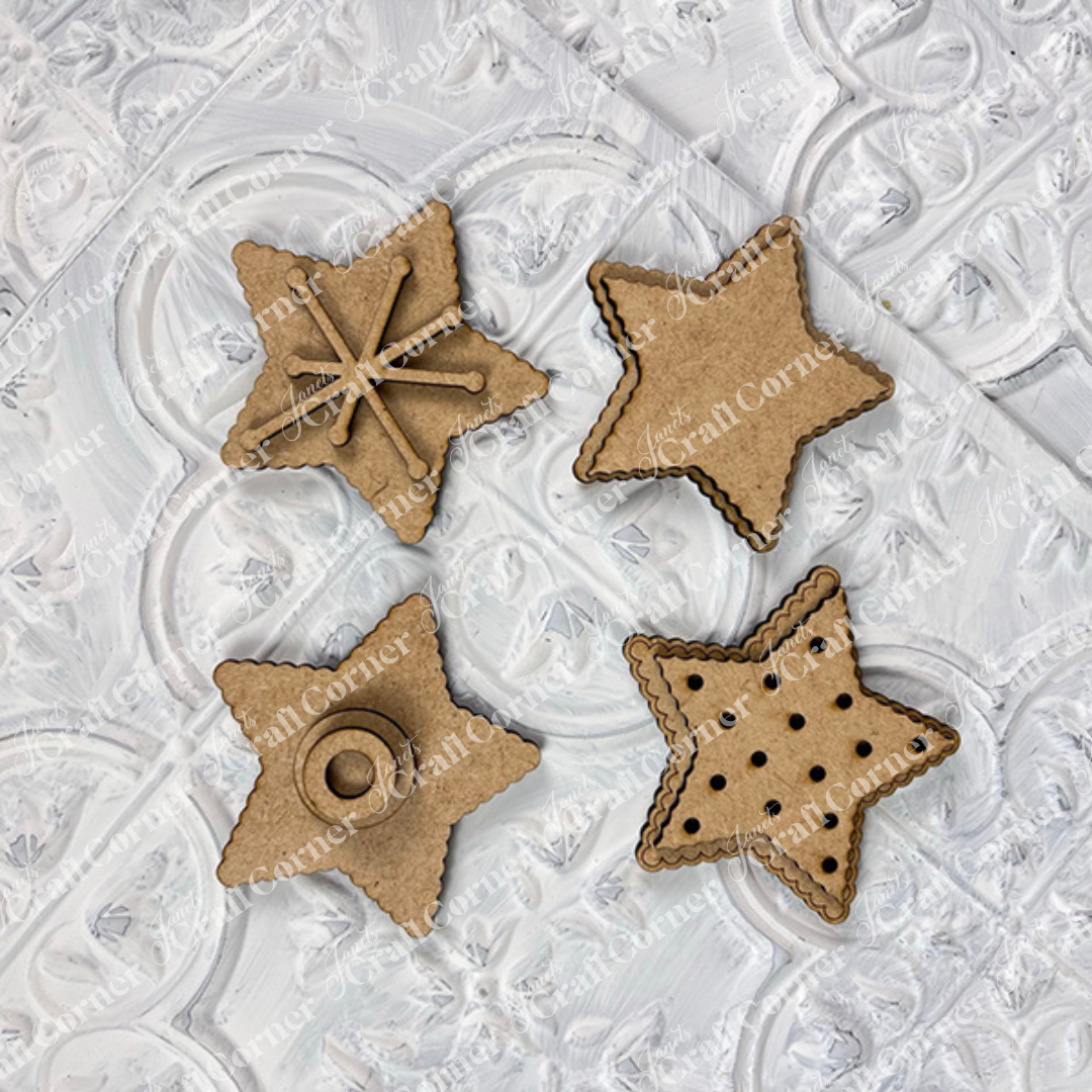 Six star-shaped cardboard ornaments from Janet's Craft Corner's Vintage Santa Cookies Decor Set DIY kit showcase unique patterns—ideal holiday home decor for tiered trays or to pair with vintage Santa cookie displays.