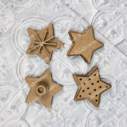 Six star-shaped cardboard ornaments from Janet's Craft Corner's Vintage Santa Cookies Decor Set DIY kit showcase unique patterns—ideal holiday home decor for tiered trays or to pair with vintage Santa cookie displays.