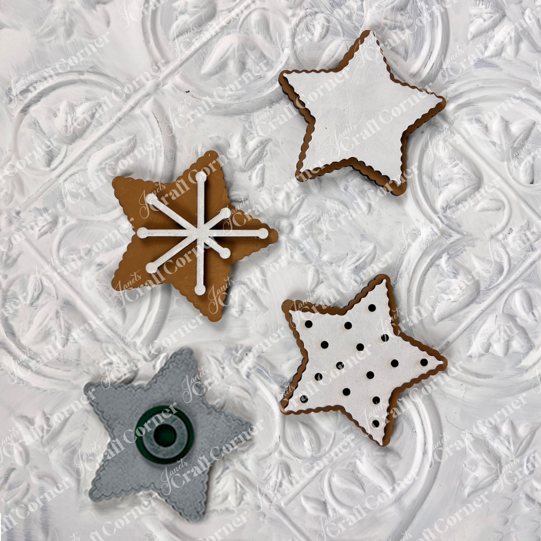 The Vintage Santa Cookies Decor Set by Janet's Craft Corner includes six uniquely designed DIY star-shaped cookies—each with festive icing—perfect holiday home décor for your tiered tray set.