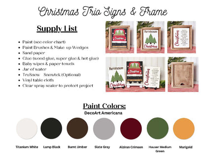 A listing of the supplies needed to complete the Country Christmas Switchable Farmhouse Sign DIY kits from Janet's Craft Corner. The listing includes the DecoArt Americana paint colors used on the sample signs.