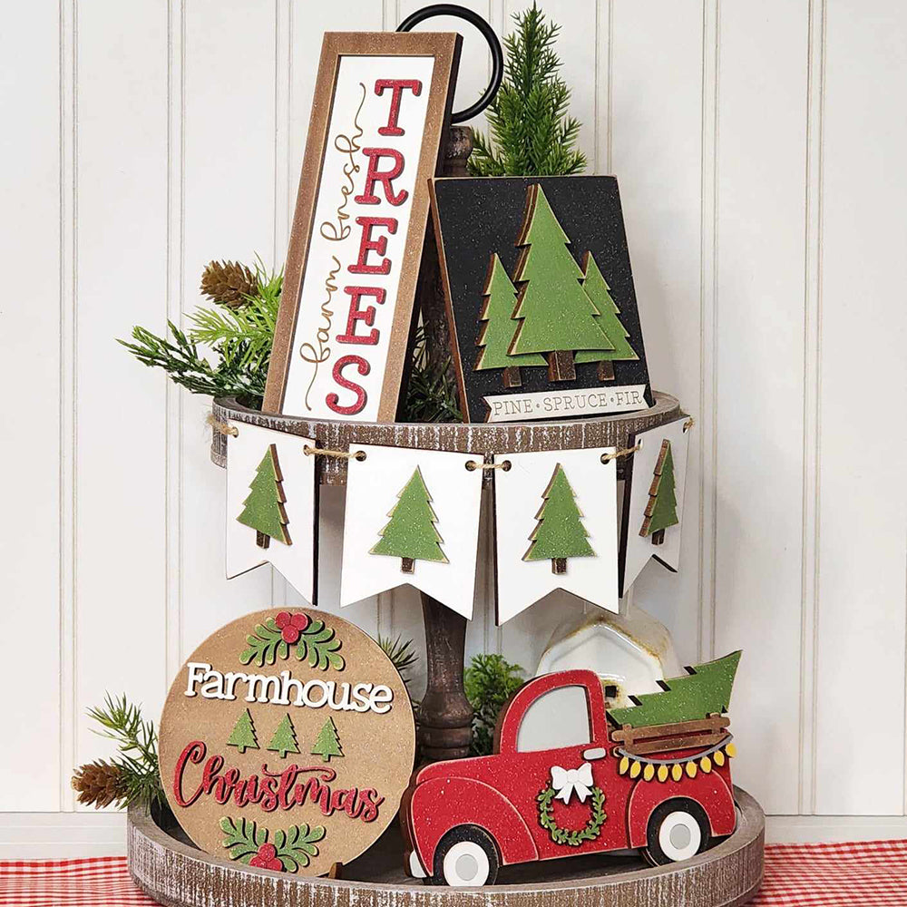 Farmhouse Christmas Tiered Tray DIY Decor Kit - Set of 5 pieces