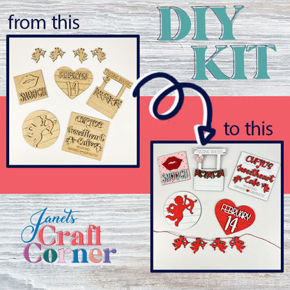 An advertisement for the Cupid Kissing Booth Tiered Tray Kit showcases compelling before-and-after images, illustrating how you can transform unassembled wooden parts into delightful Valentine's Day decorations. The text highlights "DIY Kit" by Janet's Craft Corner.