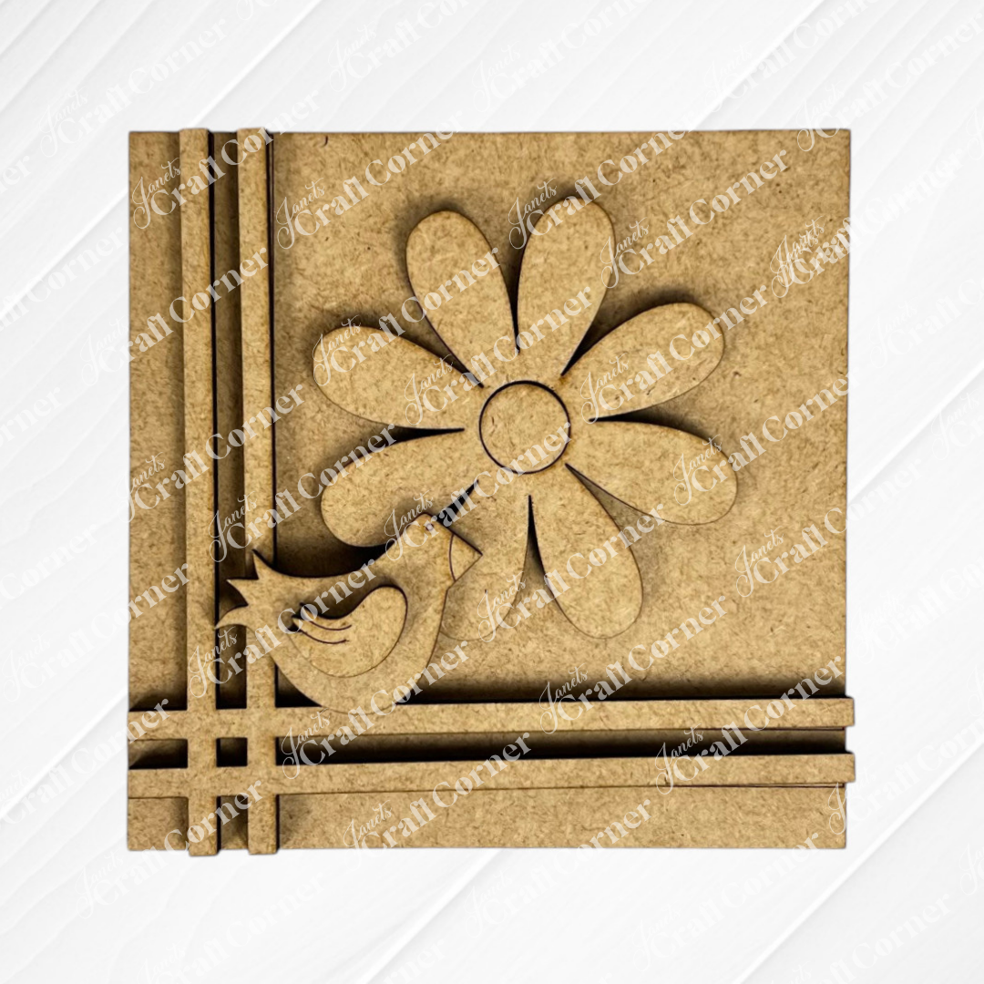 The Bloom & Grow Squares by Janet's Craft Corner is a square MDF art piece with a six-petal flower, bird, and geometric lines—ideal as a unique wood sign kit or tiered tray accent.