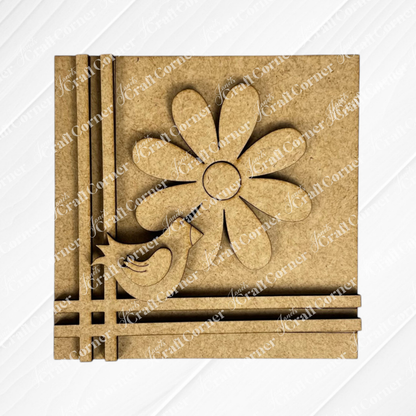 The Bloom & Grow Squares by Janet's Craft Corner is a square MDF art piece with a six-petal flower, bird, and geometric lines—ideal as a unique wood sign kit or tiered tray accent.