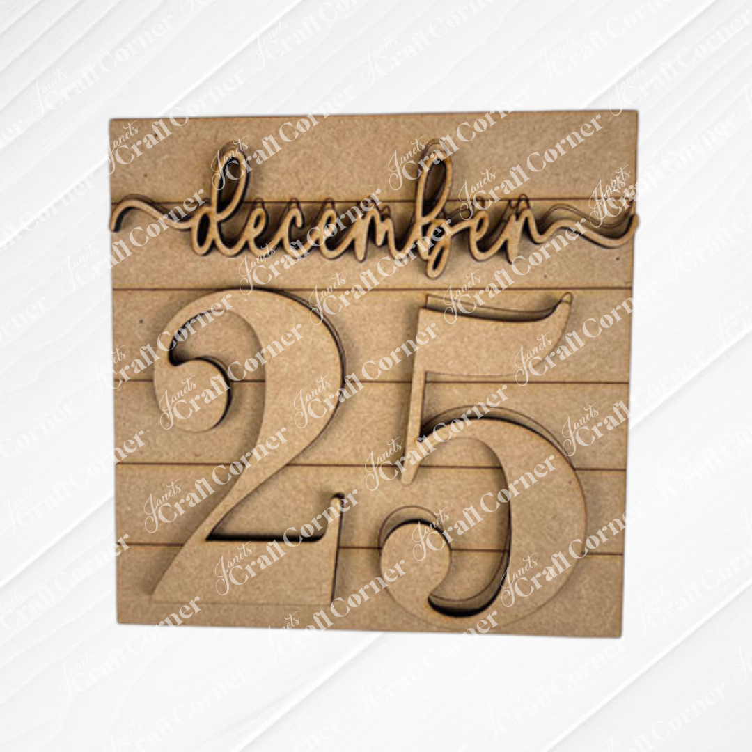 Janet's Craft Corner Christmas Icon Swappable Squares is a DIY seasonal home decor craft kit with a wooden "December" sign and large "25" cut-out—perfect for Christmas or displaying with swappable square signs.