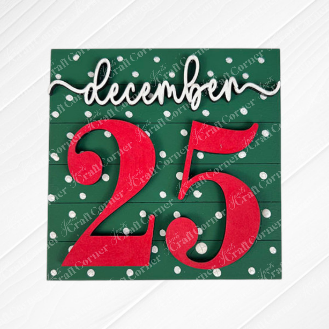 Add festive flair with Janet's Craft Corner Christmas Icon Swappable Squares—a DIY seasonal home decor craft kit featuring a green sign with “december” and a bold red “25”. Perfect for your collection of swappable square signs!.