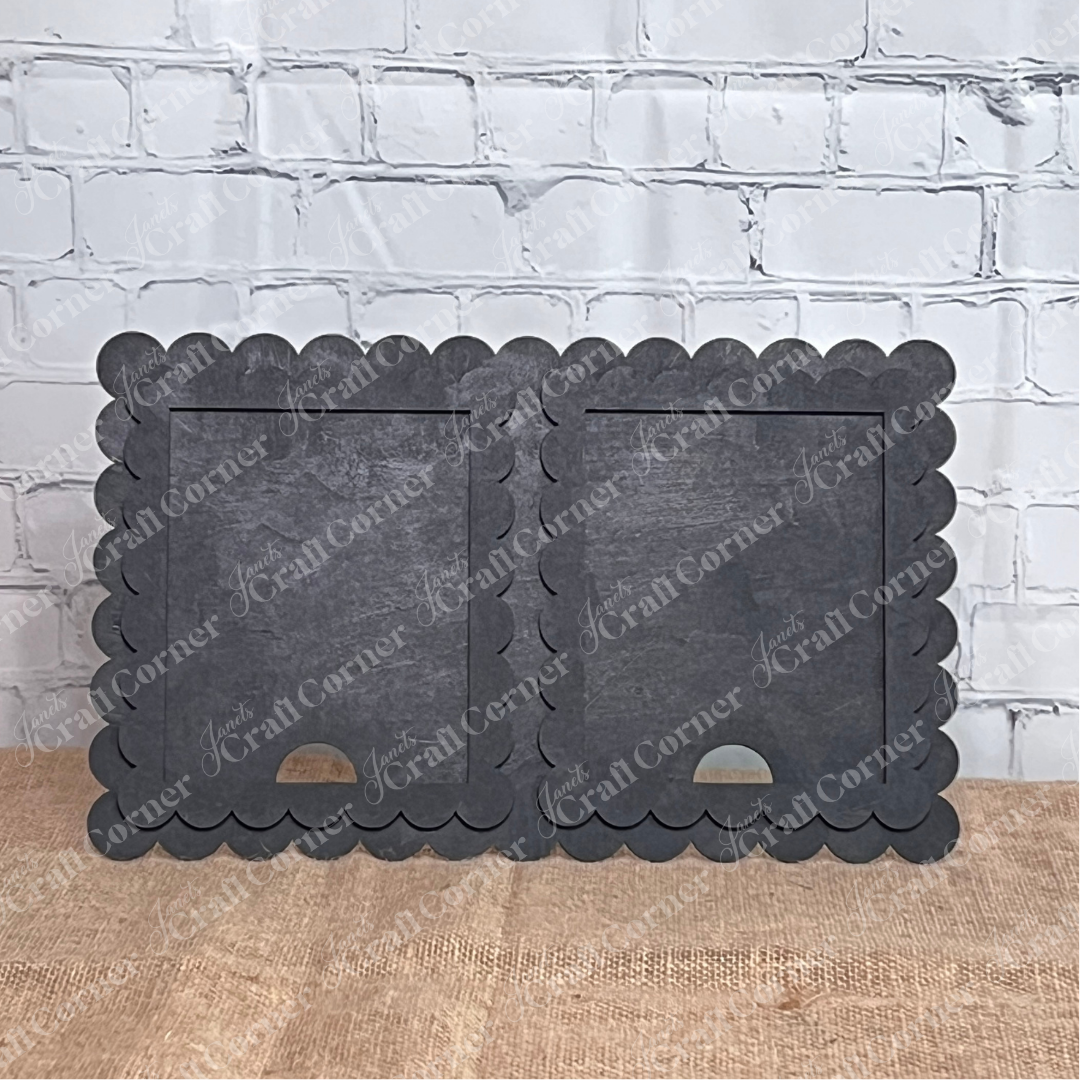 Janet's Craft Corner Double Scallop Trim Switchable Farmhouse Signs Frame is displayed side by side with scalloped edges, ideal for DIY seasonal home decor projects. Set of 1, perfect for interchangeable sign or craft use.