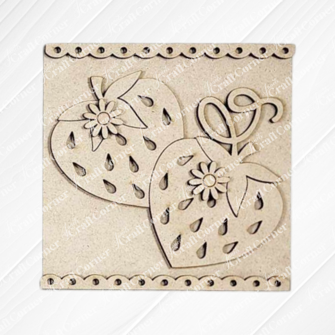 The Strawberry Swappable Squares DIY craft kit by Janet's Craft Corner features a light square panel with two stylized strawberries, leaves, flowers, and a dotted border—perfect as tiered tray decor for seasonal home accents.