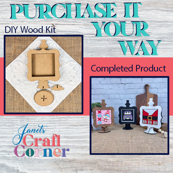 A promotion for Janet's Craft Corner highlights the Drop In Interchangeable Squares Holder, available as a DIY kit and as completed products. The kit includes an unfinished ornament piece, while the finished products showcase decorated ornaments on wooden stands. Text reads "Purchase It Your Way".