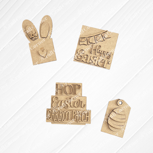 Janet's Craft Corner Easter Bunny Decor Set includes four brown craft paper decorations: a bunny in a pocket, “Happy Easter” sign, stacked “Hop Easter Carrot Patch” sign, and an egg tag—perfect for DIY home decor.
