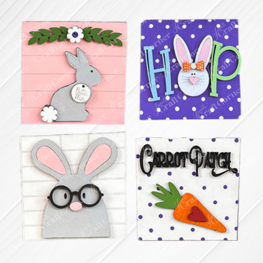 Easter Bunny Squares by Janet's Craft Corner: four Easter-themed wood cut-outs—a “Bite Me” bunny, “HOP” with bunny face "O", glasses-wearing bunny, and “Carrot Patch”—perfect for tiered tray decor!.