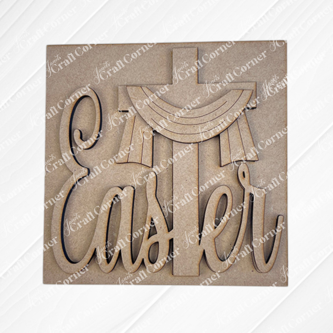 Janet's Craft Corner Religious Easter Squares: a wood cut-out featuring "Easter" in script and a cross draped in cloth, ideal as tiered tray decor against a neutral background.
