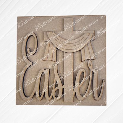 Janet's Craft Corner Religious Easter Squares: a wood cut-out featuring "Easter" in script and a cross draped in cloth, ideal as tiered tray decor against a neutral background.