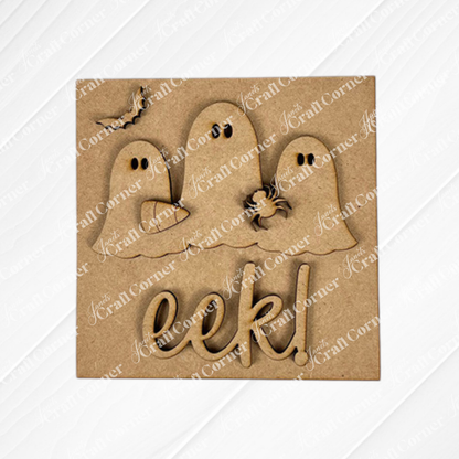 Halloween Squares by Janet's Craft Corner: A brown square card featuring three ghost cut-outs, a flying bat, and bold "eek!" lettering. Crafted from cardboard with a subtle diagonal stripe background, it’s perfect for tiered tray Halloween décor.
