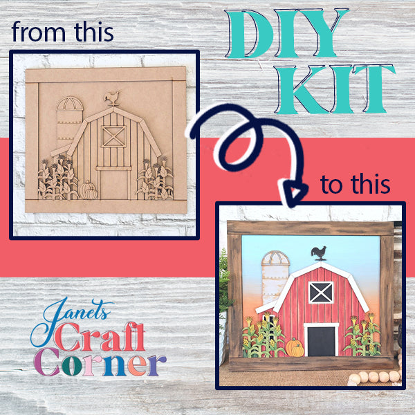 The Fall Barn Scene Leaner DIY home decor kit by Janet's Craft Corner turns a plain wooden barn scene into a vibrant, hand-painted masterpiece featuring bright colors, a blue sky, corn plants, pumpkins, and a rooster silhouette. The text "from this to this" with an arrow accompanies the transformation. It's the perfect project for home décor enthusiasts!