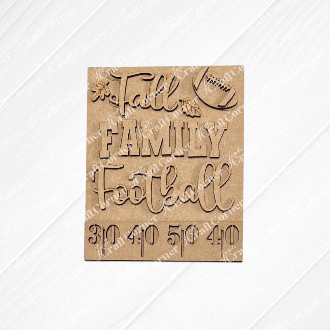 Celebrate the season with Janet’s Craft Corner Football Farmhouse Signs—a square wooden sign featuring cutout text that reads “Fall Family Football,” a charming football graphic, small decorative leaves, and scoreboard-style numbers “30 40 50 40” at the bottom. Perfect as a switchable accent for your interchangeable seasonal farmhouse displays or as part of your favorite DIY home decor kit.