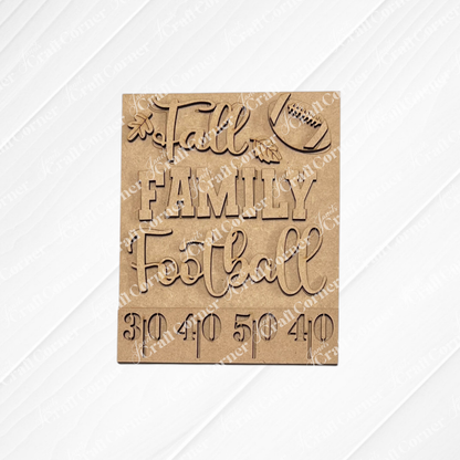 Celebrate the season with Janet’s Craft Corner Football Farmhouse Signs—a square wooden sign featuring cutout text that reads “Fall Family Football,” a charming football graphic, small decorative leaves, and scoreboard-style numbers “30 40 50 40” at the bottom. Perfect as a switchable accent for your interchangeable seasonal farmhouse displays or as part of your favorite DIY home decor kit.