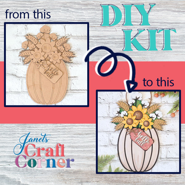 The Fall Floral Pumpkin Door Hanger is a delightful DIY home decor kit from Janet's Craft Corner. It features two stages: an unfinished raw wood pumpkin and a beautifully detailed version adorned with leaves and flowers. With "from this" to "to this" text, it's perfect for those eager to personalize their home decor!