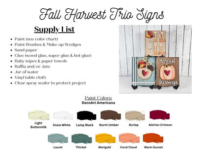 Janet's Craft Corner Fall Switchable Farmhouse Signs DIY kit includes a supply list and paint color chart to create 1 of 9 fall-themed signs, such as "Hello Fall," "Harvest Blessings," or "Fall," with leaves, hearts, and autumn paint swatches.