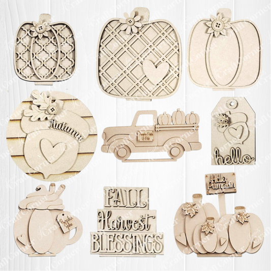 The Fall Harvest Mini Shelf Sitters by Janet's Craft Corner is a DIY seasonal home decor craft kit featuring your choice of 9 unique unfinished wooden cutouts, including pumpkins, trucks, mugs, signs, and more—perfect for autumn decorating.