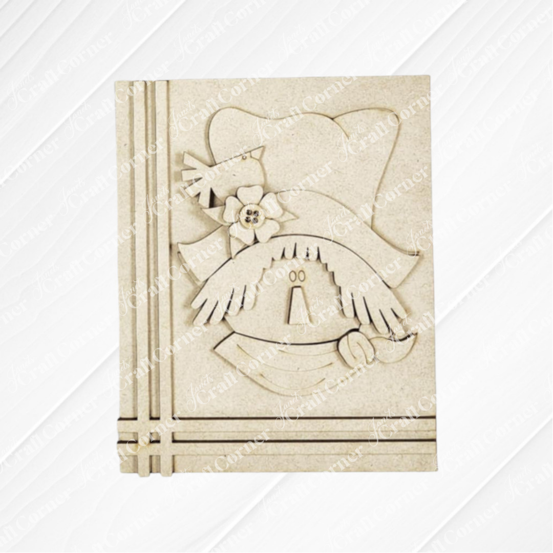 Janet's Craft Corner Fall Switchable Farmhouse Sign features a carved scarecrow face with hat, flower, and stitched smile, framed by engraved corner lines—perfect as DIY seasonal decor. Set of 1; choice of 9 designs available.