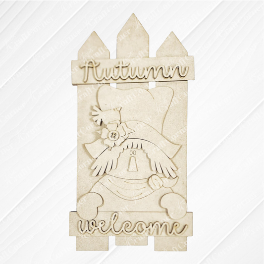 Janet's Craft Corner Fall Scarecrow Fence Leaner: a DIY seasonal decor kit with a beige picket fence shape, scarecrow with hat and flower, and “Autumn welcome” text—perfect for outdoor fall display. Set of 1.