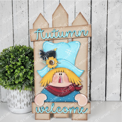 Add autumn charm to your home with Janet's Craft Corner Fall Scarecrow Fence Leaner—a DIY seasonal decor kit featuring a cute scarecrow in a blue hat and "Autumn welcome" script, perfect for fall decorating or crafting inspiration. Set of 1.