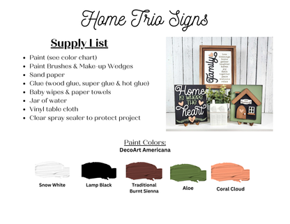 A listing of the supplies needed to complete one of the Family-Home Interchangeable Farmhouse Sign DIY kits from Janet's Craft Corner. The listing includes DecoArt Americana paint colors used on the sample signs.
