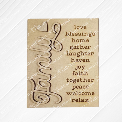 The Family Words Farmhouse Sign from Janet's Craft Corner features "Family" in large script on the left, with words like love, blessings, and joy listed vertically on the right. This DIY kit adds warmth to any room, perfect for those who cherish gatherings filled with laughter and peace.