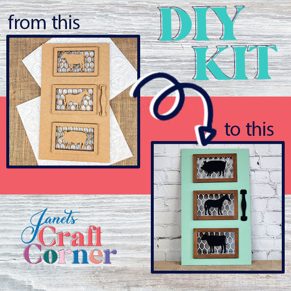 A DIY Kit display features an unfinished wooden frame with chicken wire, papers, and knobs, which evolves into a painted frame embellished with farmhouse decor and delightful farm animal shapes. Text reads “From this to this” and "Farm Animals Screen Door Sign by Janet's Craft Corner.