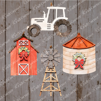 Explore Janet's Craft Corner's DIY Decoration Kits with the Farm Life Christmas Ornaments set, featuring four rustic designs: a red barn, a windmill, a tractor, and a silo. Each ornament is adorned with festive holiday decorations such as bows and wreaths perfectly capturing the spirit of farm life.