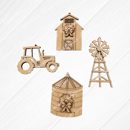 The Farm Life Christmas Ornaments - Set of 4 from Janet's Craft Corner, featuring a tractor, barn, silo, and windmill, capture the essence of farm life. Displayed on a textured white square with a burlap background, these ornaments can be utilized as part of a DIY Decoration Kit or as delightful Christmas decorations for your festive setting.