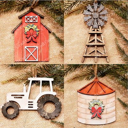 Explore Janet's Craft Corner's DIY Decoration Kits with the Farm Life Christmas Ornaments set, featuring four rustic designs: a red barn, a windmill, a tractor, and a silo. Each ornament is adorned with festive holiday decorations such as bows and wreaths on a burlap backdrop with evergreen branches, perfectly capturing the spirit of farm life.
