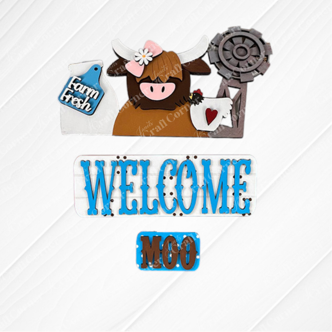 Add a touch of farmhouse charm to your home with the Farm Welcome Interchangeable Insert from Janet's Craft Corner. This DIY home decor kit features decorative signs on a textured background, including a hand-painted Highland cow accompanied by a "Farm Fresh" sign and gift, a "WELCOME" sign with bold blue letters, and an adorable smaller "MOO" sign. Perfect for farmhouse decor, it comes with interchangeable inserts for every season.