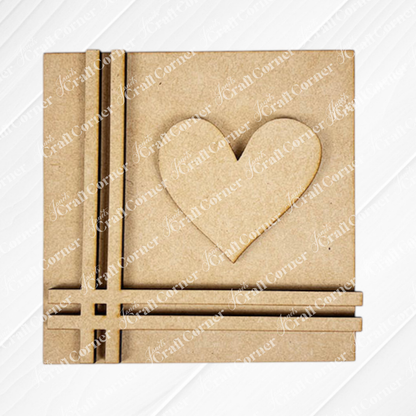 The Home Squares by Janet's Craft Corner is a brown craft wood cut-out with a raised heart and intersecting lines in the lower left corner, offering a decorative geometric touch ideal for tiered tray decor.