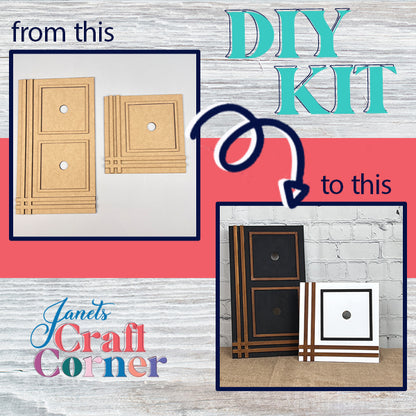 The Farmhouse Trim Interchangeable Squares Holder from Janet's Craft Corner displays two stages: on the left are plain wooden parts with cutout circles, and on the right are assembled and painted decorative panels with interchangeable squares showcasing black, white, and brown geometric patterns. In the background is a logo that reads "Janet's Craft Corner.