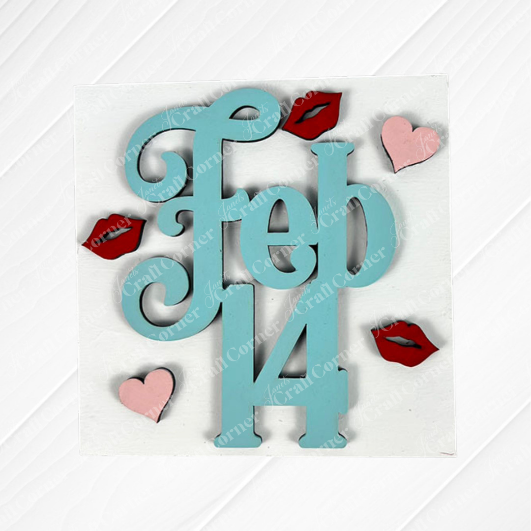 Love Squares" by Janet's Craft Corner features decorative "Feb 14" text in light blue on white, accented with pink hearts and red lips—ideal for tiered tray signs or Valentine's Day home decor.