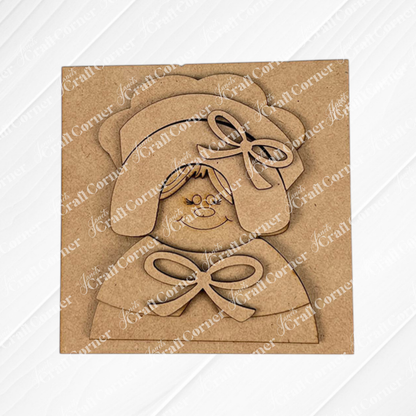 Janet's Craft Corner Harvest Blessings Thanksgiving Squares: laser-cut wooden craft featuring a smiling person in a bonnet with bows, creating a charming 3D effect—perfect for tiered tray decor, Swappable Squares, or personalized displays.