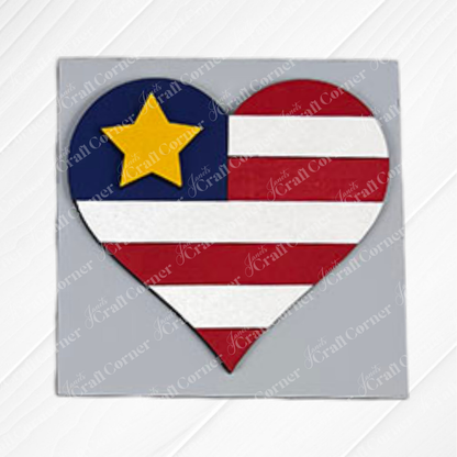 Military Squares by Janet's Craft Corner feature a heart-shaped American flag design with red and white stripes, a blue corner, and yellow star—ideal wood cut-outs for tray decor on light backgrounds.