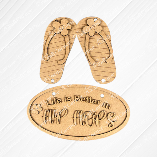 Janet's Craft Corner Flip Flops Door Hanger Summer DIY Craft Kit (13.5" x 11") includes a wooden plaque reading "Life is Better in Flip Flops," plus flower-decorated flip flop cutouts—perfect for beach-themed décor.