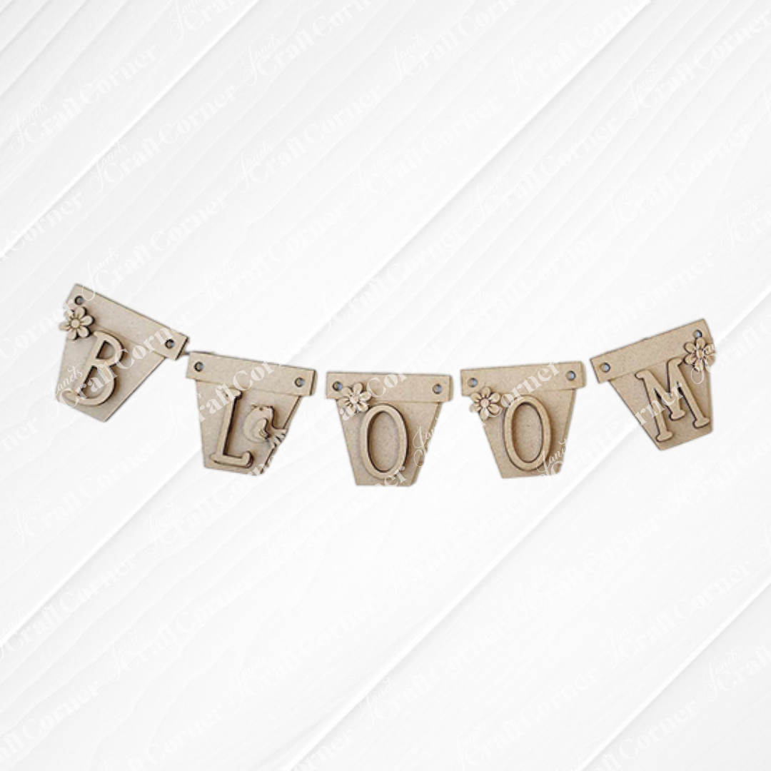 The Hello Spring Decor Set by Janet's Craft Corner is a DIY craft kit with 5 brown, pot-shaped pieces. Each features a white letter and flower design, spelling "BLOOM"—a charming farmhouse accent for your spring décor.