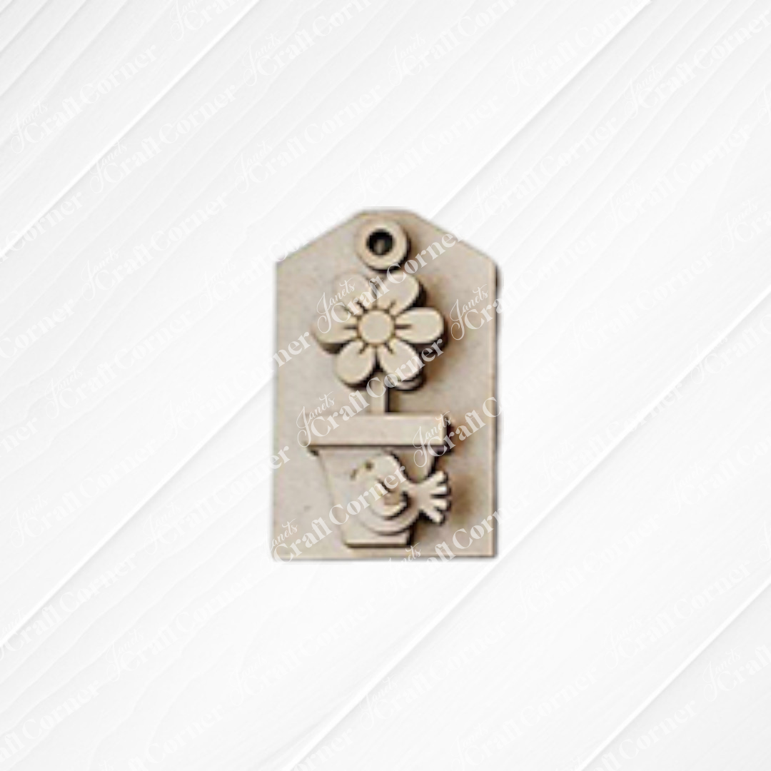 The Hello Spring Decor Set by Janet's Craft Corner is a DIY craft kit of 5 tag-shaped ornaments, each with carved flowers and birds, ideal for farmhouse style. Each has a small hole at the top for easy hanging.