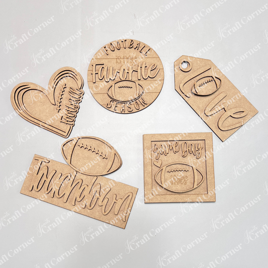 Set of wooden DIY craft signs with football and sports-themed designs from Janet's Craft Corner on a light gray background.
